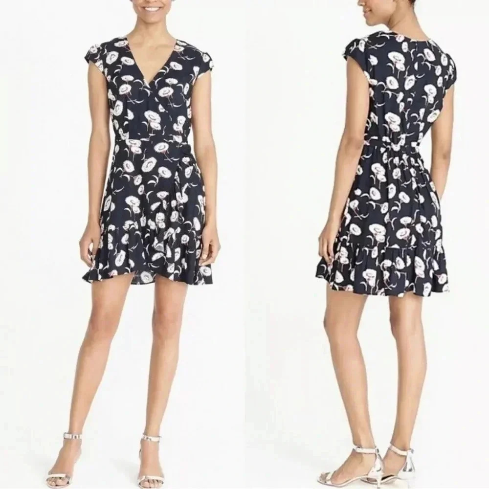 J. Crew Mercantile Blue Floating Floral Ruffle Deep V Faux Wrap Dress